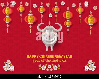 Glückliches chinesisches Neujahrshintergrund mit kreativem weißem Ochsen, Sakura-Zweigen mit Blumen und hängenden Laternen. Rote Vorlage. Vektorabbildung. Fröhlicher chinesischer Neujahrshintergrund mit kreativem weißem Ochsen, hängenden Laternen Stock Vektor