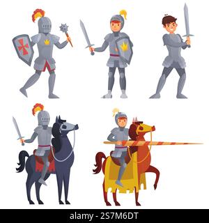 Mittelalterlicher Ritter mit Schwert, königlicher Ritter mit Lanze zu Pferd. Krieger mit Schild und Keule für den Kampf. Der Held trägt eine Rüstung, isoliertes Set. Märchenfiguren Vektor-Illustration. Mittelalterlicher Khight mit Schwert, königlicher Ritter mit Lanze zu Pferd Stock Vektor