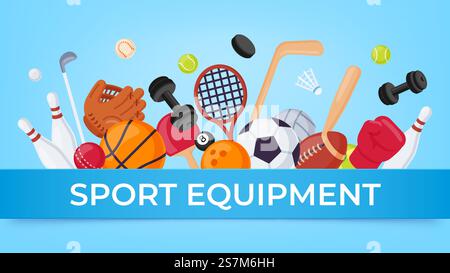 Banner für Sportausrüstung. Ballspiele und Fitnessgeräte für Rugby, Badminton, Fußball und Basketball. Cartoon Sport Verkauf Vektor Poster. Sportspiel-Shop-Banner, Fußball- und Basketball-Illustration. Banner für Sportausrüstung. Ballspiele und Fitnessgeräte für Rugby, Badminton, Fußball und Basketball. Cartoon Sportelemente Verkauf Vektorplakat Stock Vektor