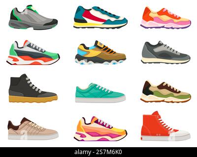 Turnschuhe Schuhe. Fitnessschuhe für Sport, Laufen und Training. Farbenfrohe, moderne Schuhdesigns. Sneaker Seitenansicht Zeichentricksymbole Vektor Set. Bunte massive Schuhe für den legeren Lifestyle. Turnschuhe Schuhe. Fitnessschuhe für Sport, Laufen und Training. Farbenfrohe, moderne Schuhdesigns. Sneaker Seitenansicht Zeichentricksymbole Vektor Set Stock Vektor