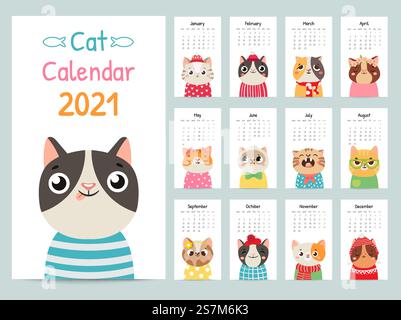 Cat-Kalender. Farbgeschenk 2021 Kalender mit niedlichen Katzen. Lustige Kätzchen-Maulwürfe, Haustierfiguren Comic-Vektor-Almanach. Niedliche Haustiere in verschiedenen Kleidungsstücken und Accessoires für jeden Monat. Cat-Kalender. Farbgeschenk 2021 Kalender mit niedlichen Katzen. Lustige Kätzchen-Maulwürfe, Haustierfiguren Comic-Vektor-Almanach Stock Vektor