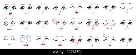 Manga-Ausdruck. Anime-Mädchen-Gesichtsausdrücke. Augen, Mund und Nase, Augenbrauen im japanischen Stil. Manga-Frau Emotionen Cartoon-Vektor-Set. Illustration Charakter Manga Gesichtsmädchen, süßer Ausdruck. Manga-Ausdruck. Anime-Mädchen-Gesichtsausdrücke. Augen, Mund und Nase, Augenbrauen im japanischen Stil. Manga-Frau Emotionen Cartoon-Vektor-Set Stock Vektor