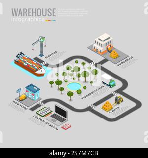Infografiken Lager Lieferung Versand Transport Geschäftsinformationen Grafik. Flache 3D-Isometrie Isometrie Isometrie Website App Symbol Set Konzept Vektor Illustration. Kreative trendige Kollektion. Stock Vektor