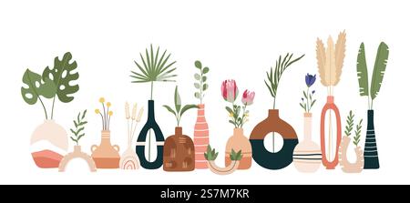 Keramikvasenposter. Skandinavische Kunst mit Vasen, Töpfen und Krügen. Handgemachte Töpferware Küchenbanner. Minimaler moderner flacher Vektordruck. Skandinavische Keramikvase, Blumendekoration Blüte Illustration. Keramikvasenposter. Skandinavische abstrakte Kunst mit Vasen, Töpfen und Krügen. Handgemachte Töpferware Küchenbanner. Minimaler moderner flacher Vektordruck Stock Vektor