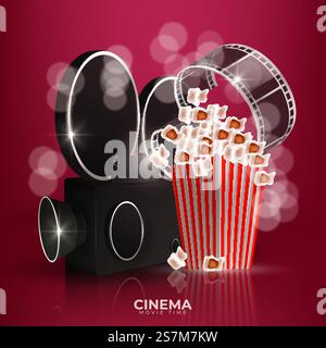 Roter Hintergrund des Kinos mit realistischen 3D-Objekten Popcorn, Klebeband, Tickets und Schautafeln. Vektorkonzept bunte Illustration mit Elementen der Filmindustrie. Vorlage für Werbung, Poster, Präsentation Stock Vektor