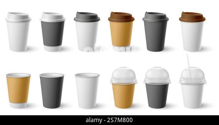 Pappbecher. Pappbecher mit Kappe und Tassen für heißen Kaffee und Tee. Realistische schwarze, weiße, braune Café Drinks Öko Pakete Mockup Vektor Set. Behältergetränk für Café, Kaffee oder Tee heiße Illustration. Pappbecher. Pappbecher mit Kappe und Tassen für heißen Kaffee und Tee. Realistische schwarze, weiße, braune Café Drinks Öko Pakete Mockup Vektor Set Stock Vektor