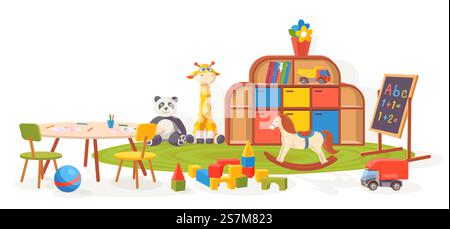 Spielzimmer. Kindergartenmöbel mit Spielzeug, Teppich, Tisch und Tafel. Cartoon Kinder Vorschule Innenvektor Illustration. Spielzimmer mit Würfeln, Pferden und Giraffen. Spielzimmer. Kindergartenmöbel mit Spielzeug, Teppich, Tisch und Tafel. Cartoon Kinder Vorschule Innenvektor Illustration Stock Vektor