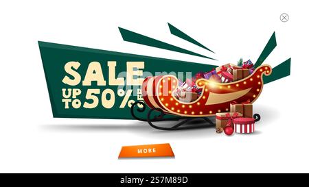 Weihnachtsangebot, bis zu 50 Rabatt, weißes Pop-up für Website mit polygonalen abstrakten Formen, Santa Sleigh mit Geschenken und orage-Taste Stock Vektor