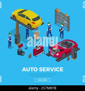 Flache isometrische Arbeiter und Ausrüstung für Autoreparaturdienstvektorillustration. 3D-Isometrie Automobil-Servicekonzept. Laptop-Diagnosecomputer, Werkzeuge und Ersatzteile, Batterie- und Kanisterbild. Stock Vektor