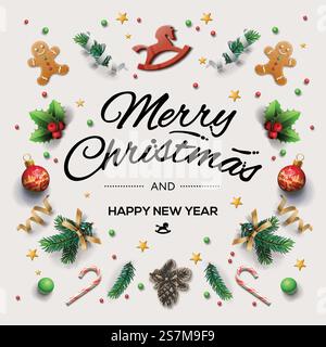 Weihnachtspostkarte mit kalligraphischen Saisonwünschen und Komposition von festlichen Elementen wie Keksen, Süßigkeiten, Beeren, weihnachtsbaumschmuck, Vektorillustration. Weihnachtspostkarte mit kalligraphischen Saisonwünschen und Komposition von festlichen Elementen wie Keksen, Süßigkeiten, Beeren, weihnachtsbaumschmuck, Vektorillustration Stock Vektor