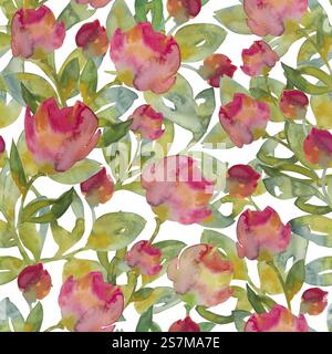 Elegantes, handgemaltes nahtloses Aquarellmuster mit rosa Rosen und sattgrünen Blättern für einen natürlichen, künstlerischen Look. Perfekt für Textilien Stockfoto