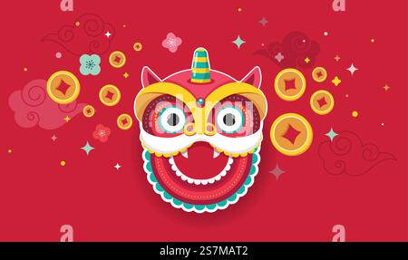Happy Chinese New Year Design. Tanzender Drache, Blumen und Geldelemente. Vektorillustration und Bannervorlage Konzept in flacher Form. Happy Chinese New Year Design. Tanzender Drache, Blumen und Geldelemente. Vektorillustration und Bannerkonzept in flacher Form Stock Vektor