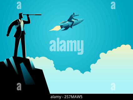 Geschäftskonzeptvektordarstellung eines Geschäftsmannes, der seinen Wettbewerber mit dem Teleskop beobachtet Stock Vektor