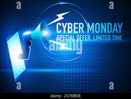 Cyber Monday Promotion, Hand hält ein Megafon, das vom Smartphone durchkommt, EPS 10 Vektordarstellung Stock Vektor