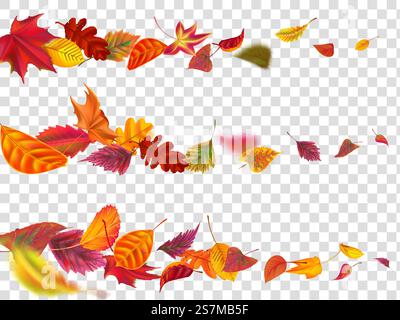 Fliegende Herbstblätter. Herbstblattbanner, gelbe Gartenblattfliege. Das Laub im September und oktober hinterlässt eine Herbstwirbelbewegung. Realistischer isolierter Vektorillustrationssatz. Fliegende Herbstblätter. Fall Blatt Banner, gelbe Gartenblatt Fliege realistische Vektor Illustration Set Stock Vektor
