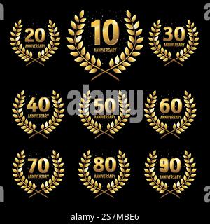 Topografische Kontur In Goldenen Linien Und Konturen. Set Mit Goldenem Jubiläumssymbol Stock Vektor