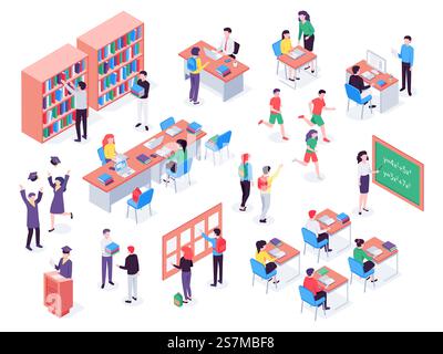 Isometrische Schule. Kinder und Lehrer im Klassenzimmer, Schüler in der Schulbibliothek und im Klassenzimmer. Soziale Kommunikation der Schüler zum Mathematikunterricht. Symbole für isolierte 3D-Vektoren. Isometrische Schule. Kinder und Lehrer im Klassenzimmer, Schüler in Schulen Bibliothek und Bildung Klassenzimmer Vektor 3d Illustration Set Stock Vektor