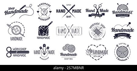 Handgefertigte Abzeichen. Hipster-Bastelabzeichen, Vintage-Werkstattlabels und Handwerkslogo. Logoschriftwerkstatt, handgefertigtes Handwerkskennzeichen oder authentischer Tintenaufkleber. Vektorillustrationssatz für isolierte Symbole. Handgefertigte Abzeichen. Hipster-Handwerk-Abzeichen, Vintage-Werkstatt-Etiketten und handwerkliches Logo Vektor-Illustration Set Stock Vektor