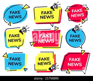 Gefälschtes Nachrichtenlabel. Nachrichtenabzeichen mit Lautsprechersymbol, gefälschte Medien Megaphon-Etiketten Vektorsatz. Sozialer Hoax, manipulative politische Informationsaufkleber. Gefälschtes Nachrichtenlabel. Nachrichtenabzeichen mit Lautsprechersymbol, gefälschte Medien Megaphon-Etiketten Vektorsatz Stock Vektor
