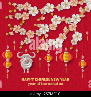Glückliches chinesisches Neujahrshintergrund mit kreativem weißem Ochsen, Sakura-Zweigen mit Blumen und hängenden Laternen. Rote Vorlage. Vektorabbildung. Fröhlicher chinesischer Neujahrshintergrund mit kreativem weißem Ochsen, hängenden Laternen Stock Vektor