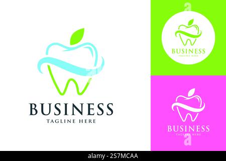 Ein stilvolles Dentallogo, das Blatt- und Wellenelemente kombiniert und eine Zahnarztpraxis darstellt, die sich auf Gesundheit und Natur konzentriert. Stock Vektor
