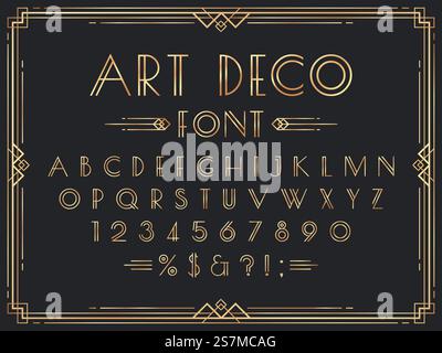 Goldene Art déco-Schriftart. Luxuriöse dekorative geometrische Buchstaben der 1920er Jahre, ornamentale Goldzahlen und Retro-Rahmen-Vektor-Set. Elegantes englisches Vintage-Alphabet, Ziffern, Satzzeichen, typografische Symbole. Goldene Art déco-Schriftart. Luxuriöse dekorative geometrische Buchstaben der 1920er Jahre, ornamentale Goldzahlen und Retro-Rahmen-Vektor-Set Stock Vektor