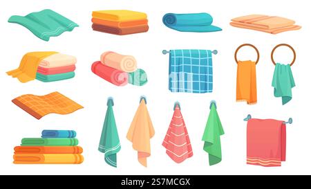 Badetücher. Zeichentrickstoffhandtuch, das am Ring hängt, gerollte Farbtuchtücher und gefaltetes Handtuch Vektor-Illustration Set. Handtuchbad für Hygiene, Badezimmertextilien. Badetücher. Zeichentrickstoffhandtuch, das am Ring hängt, gerollte Farbtuchtücher und gefaltetes Handtuch Vektor-Illustration Set Stock Vektor