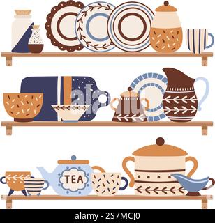 Küchengeschirr auf einem Regal. Dekorative Keramikutensilien oder Geschirr im Retro-Stil wie Teller, Tassen, Geschirr, Schalen und Krug. Kochgeschirr für die Zubereitung und das Servieren von Lebensmitteln Vektor-Illustration.. Küchengeschirr auf einem Regal. Dekorative Keramikutensilien oder Geschirr im Retro-Stil für die Zubereitung und das Servieren von Speisen. Stock Vektor