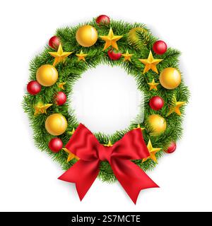 Realistischer Weihnachtskranz mit großer roter Schleife und Neujahrsspielzeug. Dekorierter Kranz aus Kiefernzweigen isoliert auf weiß, Vektorillustration. Realistischer Weihnachtskranz mit großer roter Schleife und Neujahrsspielzeug. Dekorierter Kranz aus Kiefernzweigen isoliert auf weiß, Vektorillustration. Stock Vektor