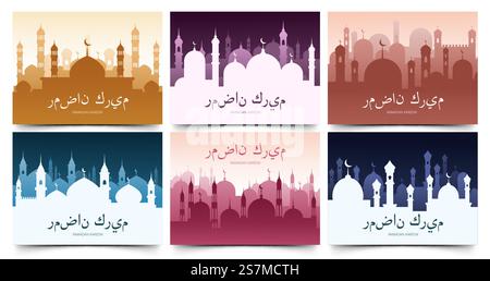 Ramadan kareem Hintergründe. Grußkarten mit Moscheen Silhouetten, arabische Architektur und Moschee Skyline Vektor Illustration Set. Ramadan kareem mubarak, Grußkarte. Ramadan kareem Hintergründe. Grußkarten mit Moscheen Silhouetten, arabische Architektur und Moschee Skyline Vektor Illustration Set Stock Vektor