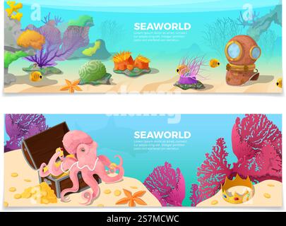 SeaWorld Wort auf Unterwasser Hintergrund Vektor Illustration Set. Krone, Algen, Tintenfisch, Fischfiguren. Reisezeit, Werbekonzept für Agenturen. Stock Vektor
