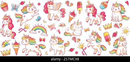 Niedliches Pony und Katzeneinhörner. Baby Regenbogen pegasus und Katicorn, Diamant und Krone, Schmetterling und Zauberstab isolierte Zeichentrickfiguren Set für Kinderbuch. Niedliches Pony und Katzeneinhörner. Isolierte Zeichentrickvektorfiguren Set für Kinderbuch Stock Vektor
