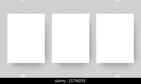 Leere affiche-Modellkopie. Vorlage für leere weiße Papierblätter isoliert auf grauem Hintergrund. Poster mit Schlagschatten, A4-Seitenmockup für die Druckproduktion als Deckblatt, Bannervektorillustration. Leere affiche-Modellkopie. Vorlage für leere weiße Papierbögen isoliert auf Grau. Poster mit Schlagschatten Stock Vektor