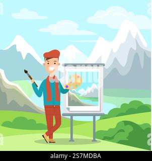 Flaches Malbild eines Künstlers auf der Staffelei, Vektordarstellung der Berglandschaft. Männlicher Maler mit Farbpalette und Pinsel auf schneebedeckten Hintergründen Stock Vektor
