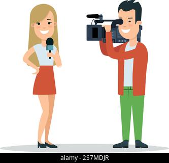 Flache weibliche Journalistin Korrespondenzvektor-Illustration. Buchse mit Mikrofon, Bediener entfernt Camcorder-Video. Fernsehsender TV Medien Presse heiße Nachrichten Stock Vektor