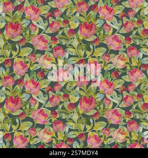 Elegantes handgemaltes nahtloses Aquarellmuster mit rosa Rosen und üppigen grünen Blättern auf dunklem Hintergrund. Perfekt für Textilien, Tapeten, Stockfoto