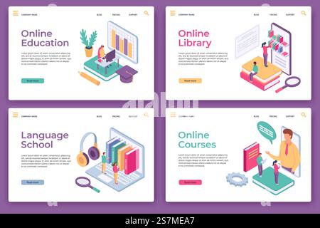 Landing-Pages für Online-Schulungen. Isometrisches Fernlernen, Heimstudium, Webbibliothek, Sprachschule und -Kurse, Website-Seitenvektorsatz. Illustration Bildungsdistanz, Online-Wissen. Landing-Pages für Online-Schulungen. Isometrisches Fernlernen, Heimstudium, Webbibliothek, Sprachschule und -Kurse, Website-Seitenvektorsatz Stock Vektor