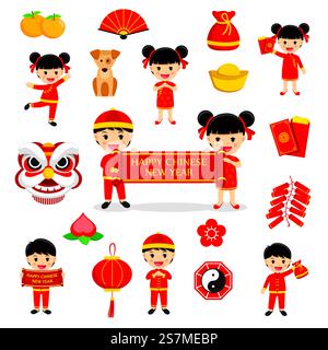 Happy Chinese New Year Dekoration traditionelle Symbole mit Zeichen und Symbole Elemente auf weißem Hintergrund. Stock Vektor