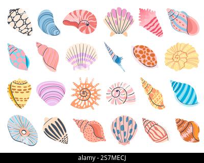 Tropische Muschel. Cartoon Muscheln, Austern und Jakobsmuscheln. Farbenfrohe Unterwassermuscheln aus Weichtieren und Meeresschnecken. Ozean Muschelvektor isoliert auf weiß gesetzt. Farbenfrohe Unterwasserelemente. Tropische Muschel. Cartoon Muscheln, Austern und Jakobsmuscheln. Farbenfrohe Unterwassermuscheln aus Weichtieren und Meeresschnecken. Ozean Muscheln Vektorset Stock Vektor