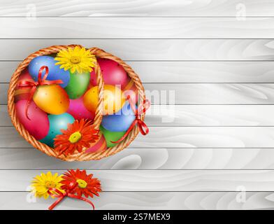 Ostern-Hintergrund mit Farbe Ostereier im Korb auf Holztisch. Vektor Stock Vektor