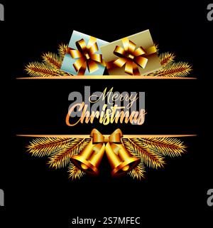 Happy Merry christmas goldener Schriftzug mit Geschenken und Glocken Vektor Illustration Design. Happy Merry christmas goldener Schriftzug mit Geschenken und Glocken Stock Vektor