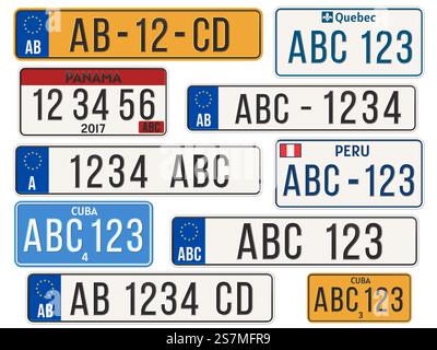 Autokennzeichen. Autokennzeichen der EU-Länder. Kuba, Panama, Peru und Quebec Registrierungsnummern Vorlage Vektor Illustration Set. Erfassung alphanumerischer Fahrzeugkennungen aus verschiedenen zuständen. Autokennzeichen. Autokennzeichen der EU-Länder. Kuba, Panama, Peru und Quebec Registrierungsnummern Vorlage Vektor Illustration Set Stock Vektor