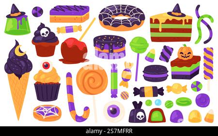 Halloween-Süßigkeiten. Süßigkeiten und Desserts mit gruseliger Dekoration, Hexenhut, Kürbis, Spinnennetz. Herbst Kinder Urlaub Vektor-Set. Illustration halloween Süßigkeiten und gruselige Süßigkeiten. Halloween-Süßigkeiten. Süßigkeiten und Desserts mit gruseliger Dekoration, Hexenhut, Kürbis, Spinnennetz. Herbst Kinder Urlaub Vektor-Set Stock Vektor
