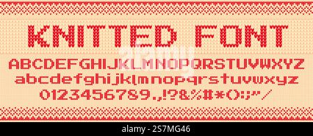 Gestrickte Schriftart. Hässlicher Weihnachtspullover, Strickbriefe und Folk-Pullover, Weihnachtstextschablone. Bastelbrief für Winterpullover, gestrickte norwegische Textil-Schrift. Symbolsatz für Vektorabbildungen. Gestrickte Schriftart. Weihnachten hässlicher Pullover, Strick Buchstaben und Folk Pullover Xmas Text Vorlage Vektor Illustration Set Stock Vektor