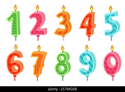 Cartoon Jubiläum Zahlen Kerze. Geburtstagskerzen brennende Lichter, Geburtstagsnummer und Partykerze. Geburt feiern Kuchen Dekoration Wachskerzen. Isolierte Vektorsymbole festgelegt. Cartoon Jubiläum Zahlen Kerze. Feier Kuchen Kerzen brennende Lichter, Geburtstagsnummer und Party Kerze Vektor Set Stock Vektor