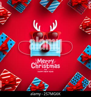 Fröhliche Weihnachten & Happy New Year Poster oder Banner mit Geschenkbox und Symbol des Rentiers aus medizinischer Maske, roter Sonnenbrille, Geweih und Chritmas Ball für Einzelhandel, Shopping oder Weihnachtsaktion. Stock Vektor