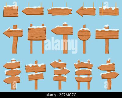 Hölzerne Schilder mit Schnee. Holzbanner, hängende Bretter und Richtungspfeil. Cartoon Winter Wegweiser Planken mit Eis Schnee Kappen Vektor Set. Winterbrett Vintage, Straßenschild schneebedeckte Illustration. Hölzerne Schilder mit Schnee. Holzbanner, hängende Bretter und Richtungspfeil. Cartoon Winter Wegweiser Planken mit Eis Schnee Kappen Vektor Set Stock Vektor