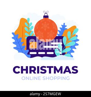 Weihnachten Online-Shopping Kreditkarte Vektor Stock Illustration isoliert für Landing Page oder Präsentation. Das Konzept des Online-Shoppings während des Coronavirus. Karte mit der weihnachtsbaumkugel Stock Vektor