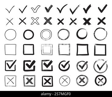 Kreuzen Sie Häkchen. Handgezeichnetes Kontrollkästchen, Prüfzeichen und Prüflistenmarkierungen. Skizze der Prüfschilder, Checklistenmarkierung für Abstimmung oder Liste der Untersuchungsaufgaben. Zeichensatz isolierter Vektorsymbole. Kreuzen Sie Häkchen. Handgezeichnetes Kontrollkästchen, Prüfzeichen und Prüflistenmarkierungen. Prüfen Sie die Zeichenskizzen-Vektor-Illustrationssatz Stock Vektor
