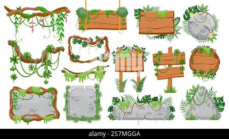 Schilder aus Holz und Stein im Dschungel. ui-Elemente für tropische Spiele, Schilder, Tafeln, Rahmen, Rahmen und Knöpfe mit Lianen- und Blättervektorsatz. Illustration Dschungelschild mit Liana, Holzdiele. Schilder aus Holz und Stein im Dschungel. ui-Elemente für tropische Spiele, Schilder, Tafeln, Rahmen, Rahmen und Knöpfe mit Lianen- und Blättervektorsatz Stock Vektor
